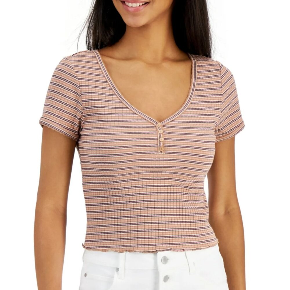 New!‎ Hippie Rose Striped Top 90's Style V Neck Buttons XL Juniors Cotton Blend